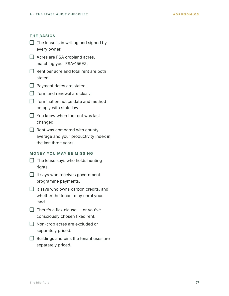 Actual page excerpt of the guide's lease audit checklist, including terms and rights to review.